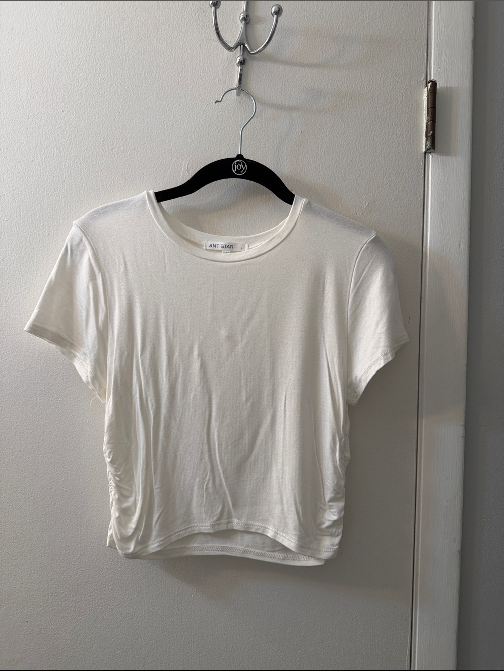 White Short Sleeve Crewneck Top cinched sides